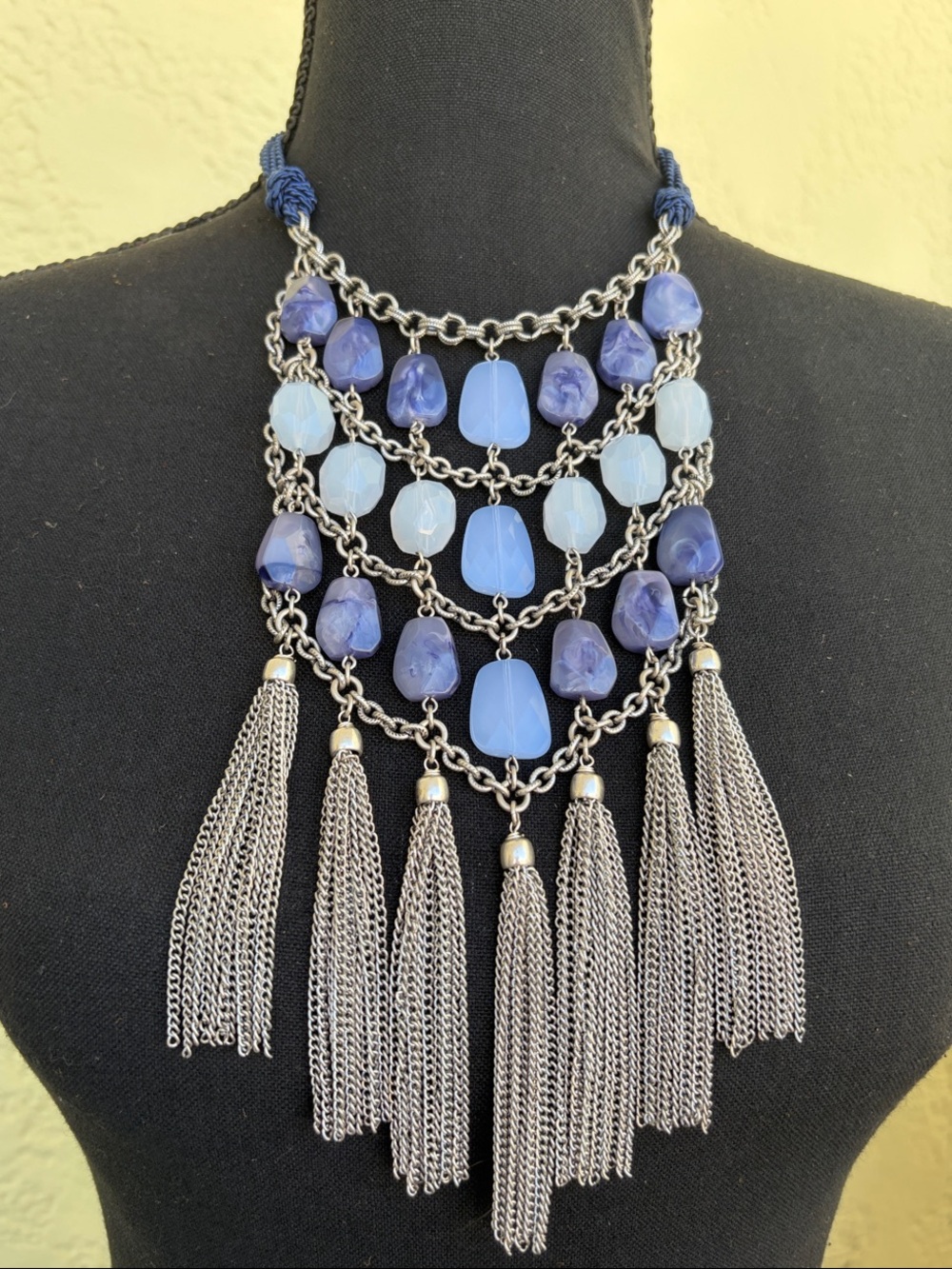 Chico's Layered Blue Bead Necklace with Silver Tassels